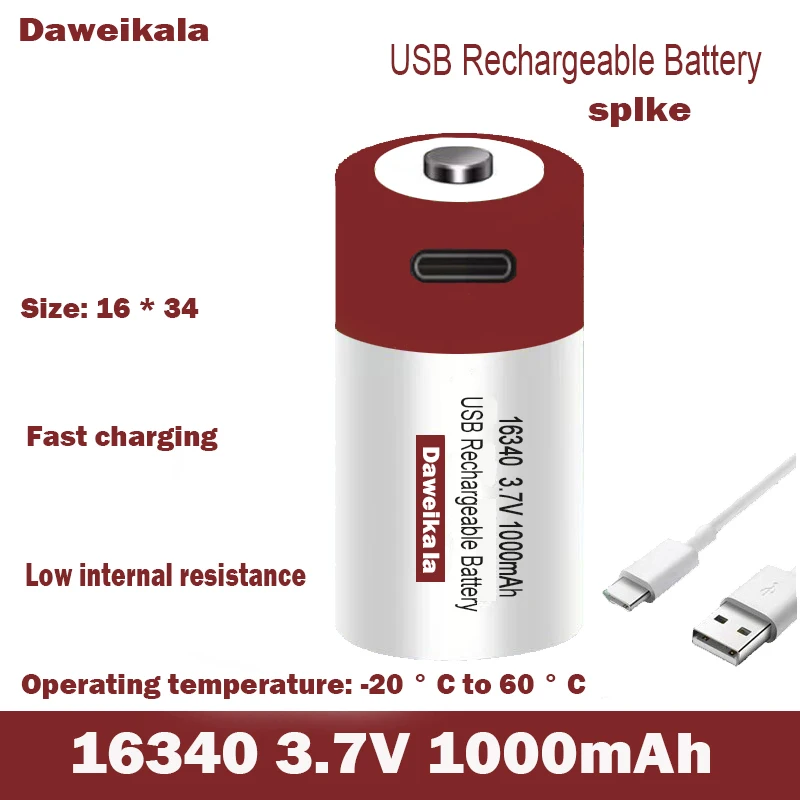 New USB Fast Charging Original 3.7V CR123A Rechargeable Lithium Battery 16340 Li-ion Battery Large Capacity 1000 mAh Type -C