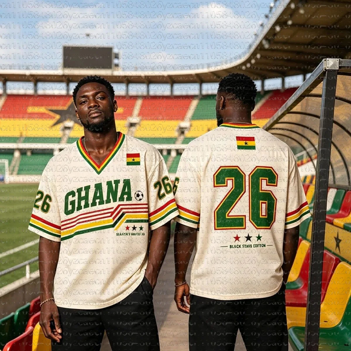 Men's Ghana Black Stars 26 Number Soccer Jersey Retro V Neck Short Sleeve T Shirt Africa Football Streetwear Tee for Kids Adults