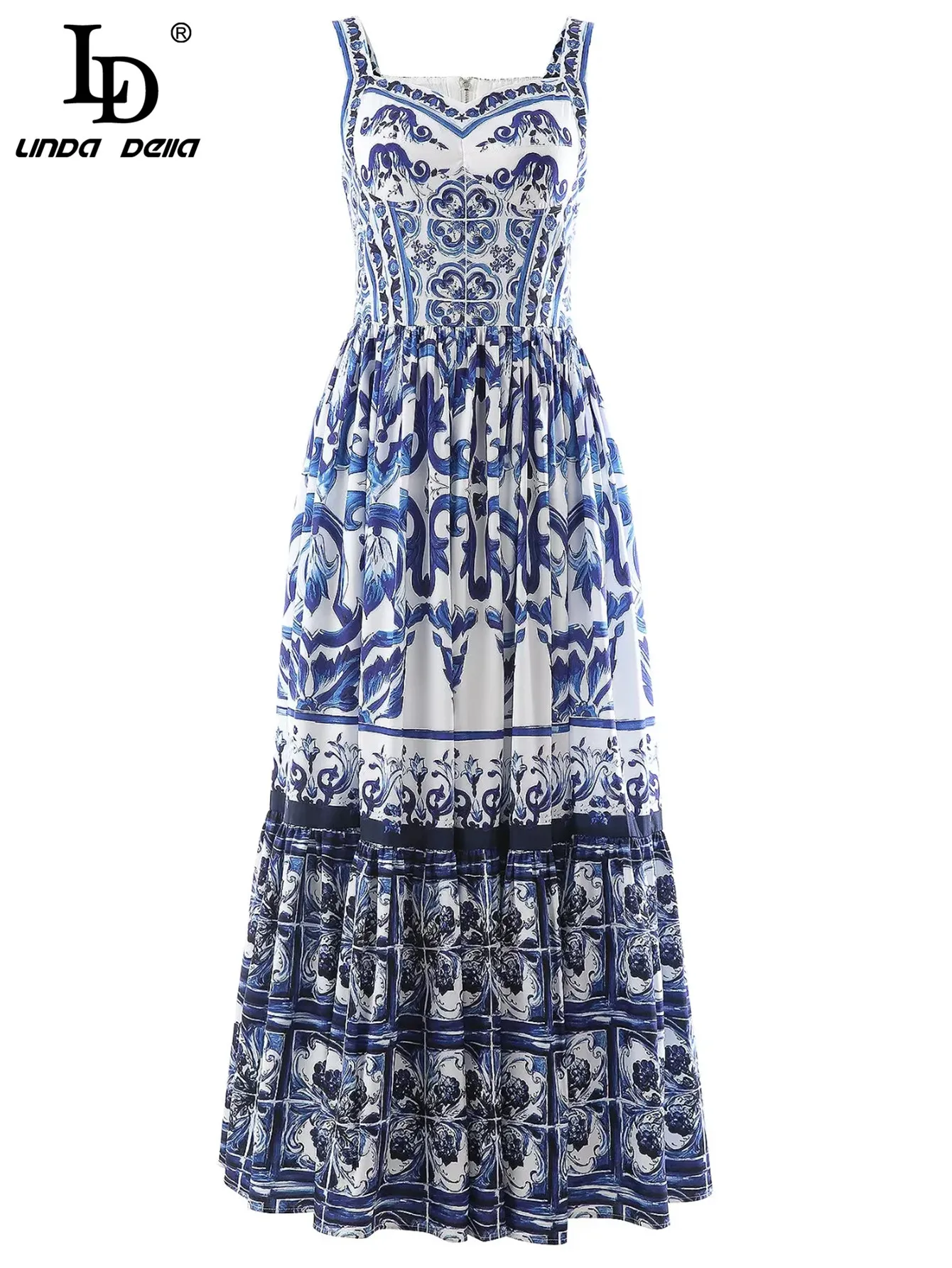 LD LINDA DELLA Summer Fashion Runway Dress Women's Blue and White Porcelain Print Bohemia Vacation Spaghetti Strap Long Dress