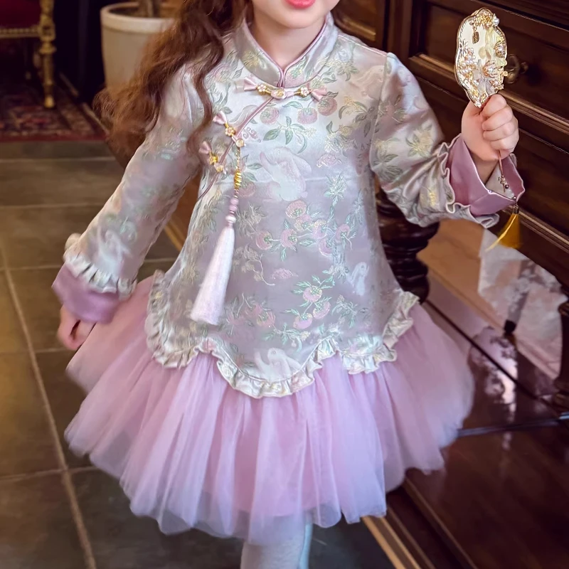 Girls Chinese Style Floral Princess Gown Children Traditional Party Attire Elegant Outfit Fleece Lined Cheongsam Winter Dress