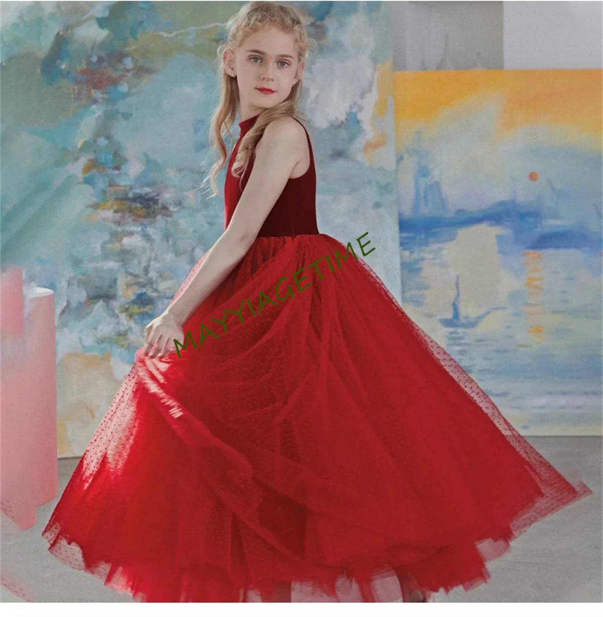 

A-line Flower Girl Dress Red Kids Birthday Sleeveless Princess Ankle Length Tulle Backless Wedding Lace Simple Evening Dress