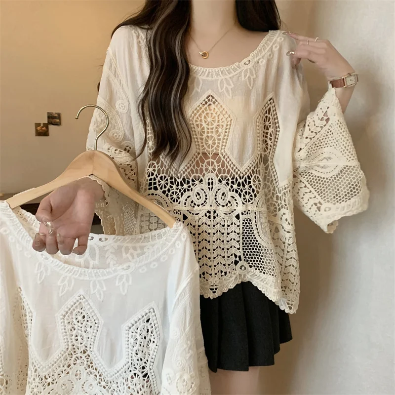 

n Bell Sve Knitted Top Hollow out Long Sve Travel Women's Sle Summer Bamboo Cotton Casual Mid-Length irt