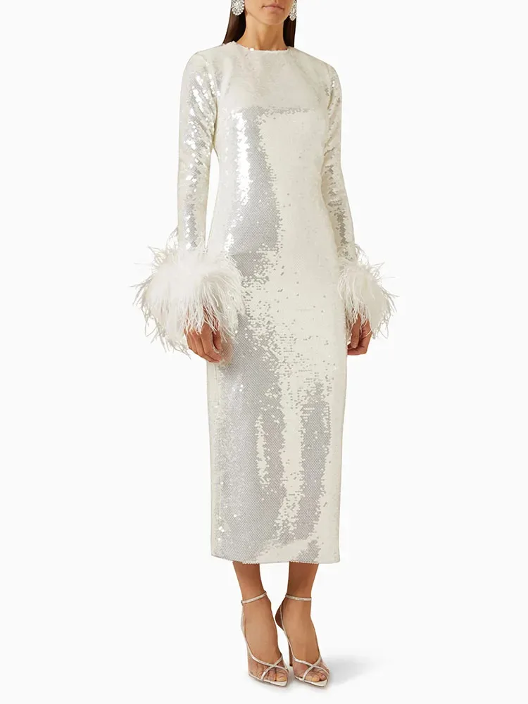 

New Women O Neck Long Sleeve Luxury Sequin Feather Midi Dress Elegant Celebrity White Sequinned Bodycon Dress Evening Party Club