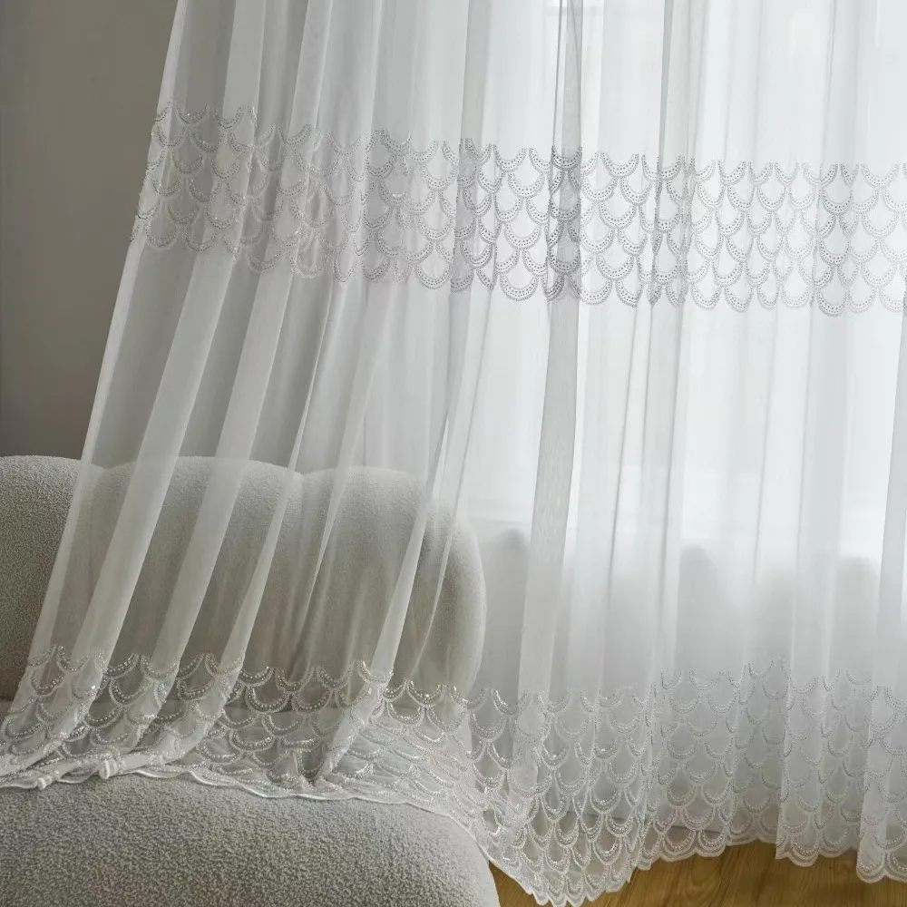 Customized Sequins Pearl Reliefs Embroidered Window White Screen Curtains for Living Room Bedroom French Window Balcony Floating
