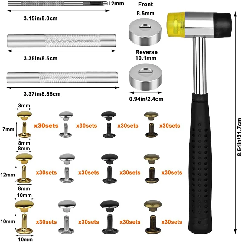 KRABALL 360 Set Leather Rivets Double Cap Rivets Tubular Rubber Hammer Fixing Tool Kit for Clothes Shoes Decoration and Repair