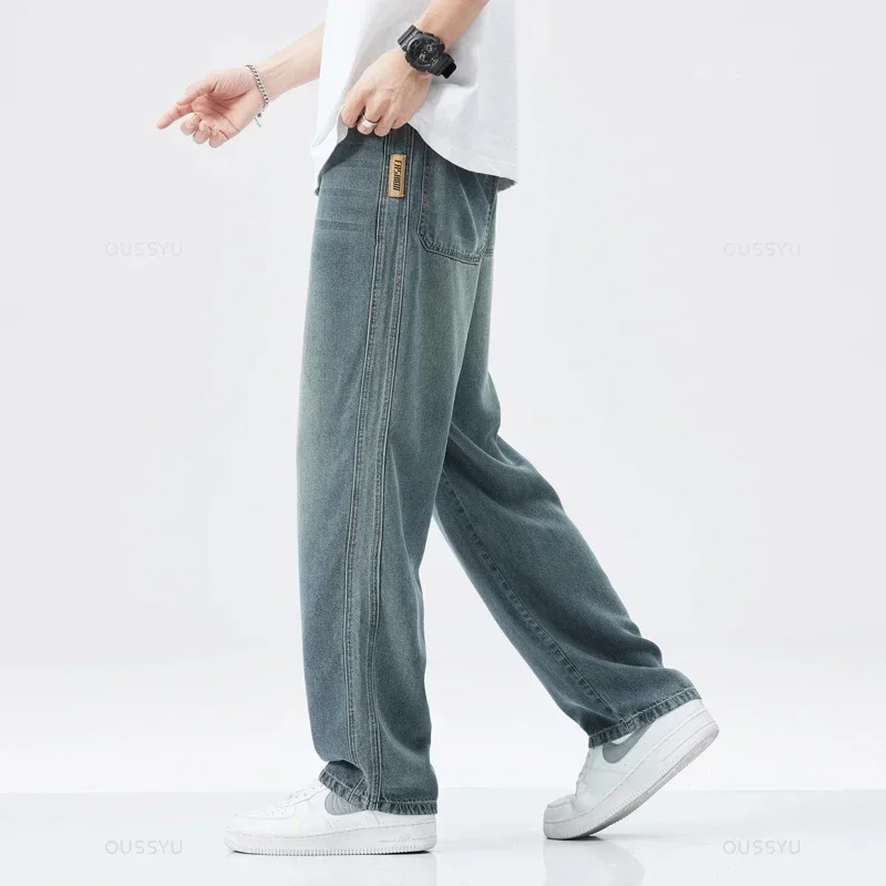 Spring Summer High Quality Soft Lyocell Fabric Jeans Men Thin Loose Wide Leg Pants Elastic Waist Casual Trousers Plus Size 28-40