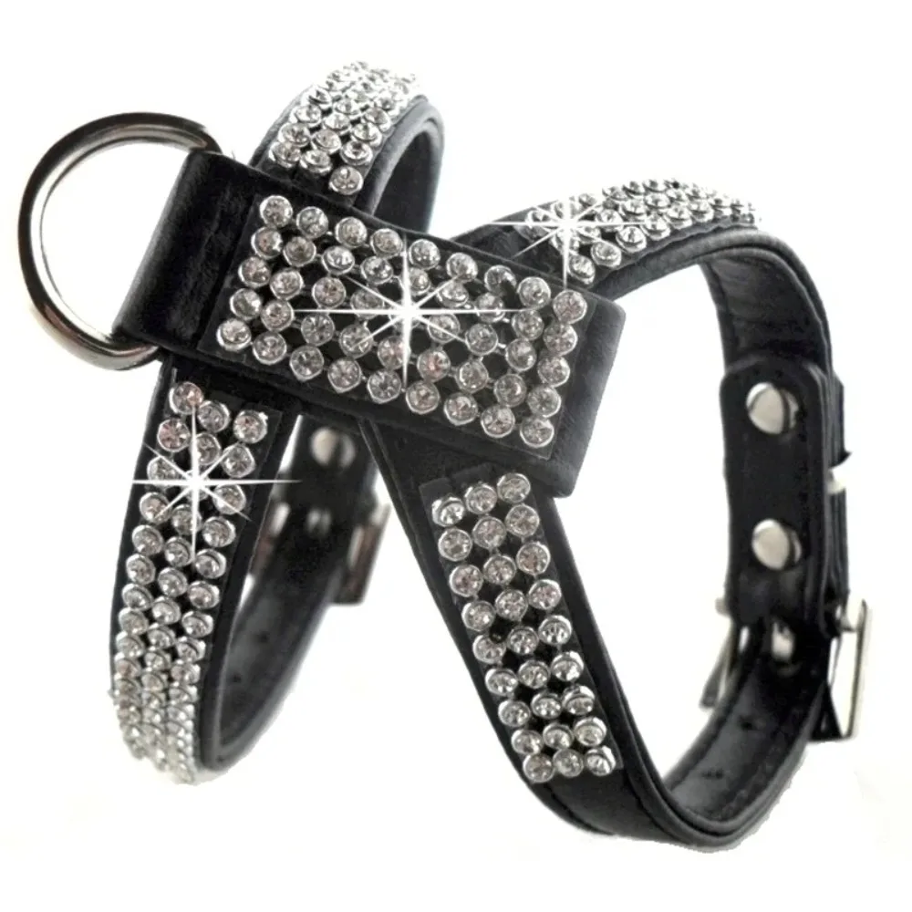 4 Sizes PU Leather Rhinestones Dog Harness Safety Comfortable Dress Up Pet Harness Collar for Small Medium Large Dog Supplies