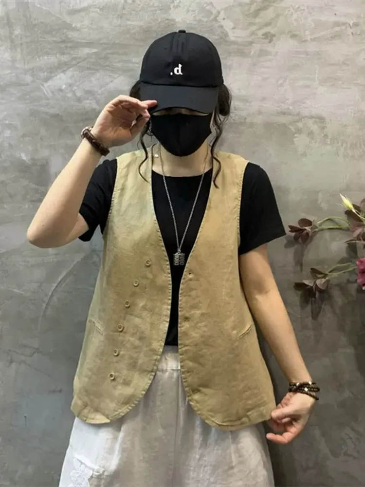 レディース スヴェル リネン ベスト サマー トップ ヴィンテージ アーティスティック オープン カーディガン アウター ジャケット レギュラー丈 通勤 スレ ピュアカラー