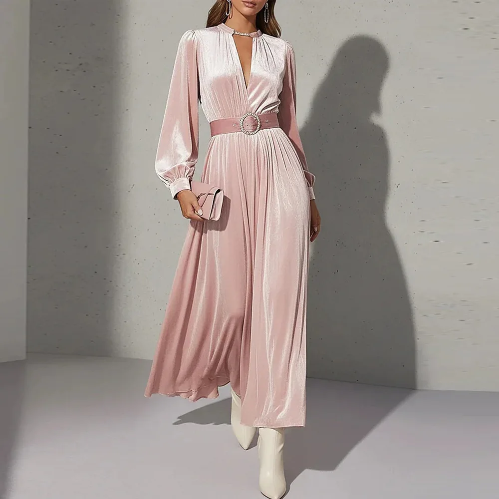 

Luxury O-neck High Waist Pleated Evening Dress Temperament Commute Solid Color Long Dress Lady Long Sleeve Big Hem Banquet Dress