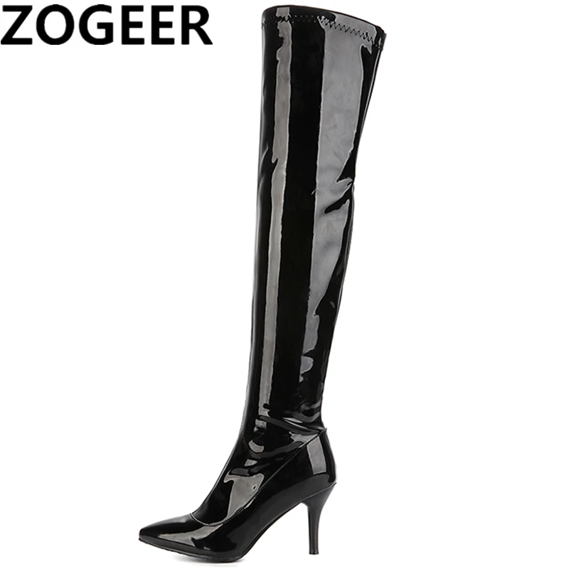 Women's Thigh High Boots Red White Black Fashion OverKnees Boot Patent Sexy Zipper Nightclub Dance Lady Long Shoes Big Size 48