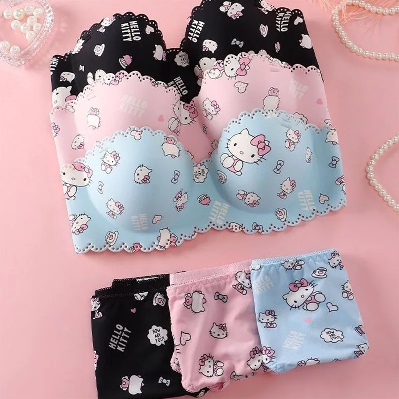 Miniso Sanrio Kawaii Underwear Hello Kitty Sweet Lovely Lingerie Set Strapless Sexy Bra Panties Set Small Breast Underwear Gift