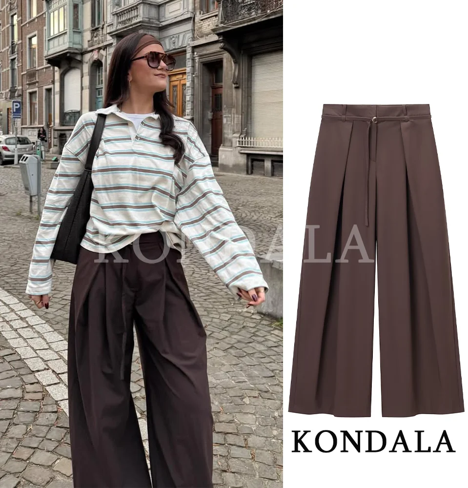 KONDALA Trendy Casual Dünne Gürtel Hosen Frauen Pendeln Braun Minimalistischen Lange Hosen 2026 Frühling Mode Weibliche Vintage Chic Hosen