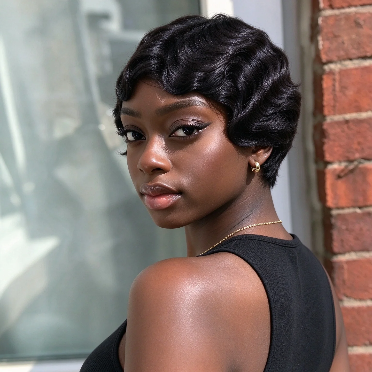 Women's Brazilian Virgin Human Hair Wig, Featuring A 4-Inch Finger Wave Pixie Cut In A Deep Ocean Wave Style A Elastic Cap