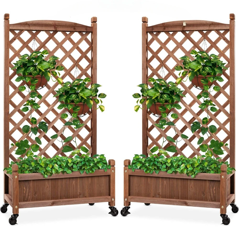 Set of 2 48in Wood Planter Box & Diamond Lattice Trellis, Mobile Outdoor Raised Garden Bed for Climbing Plants w/Drainage Holes