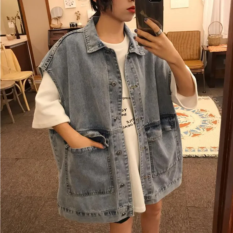 

Women Jean Vest Coats 2024 New Summer Fashion Ladies Denim Waistcoat Casual Oversized Loose Sleeveless Denim Jackets Outerwear