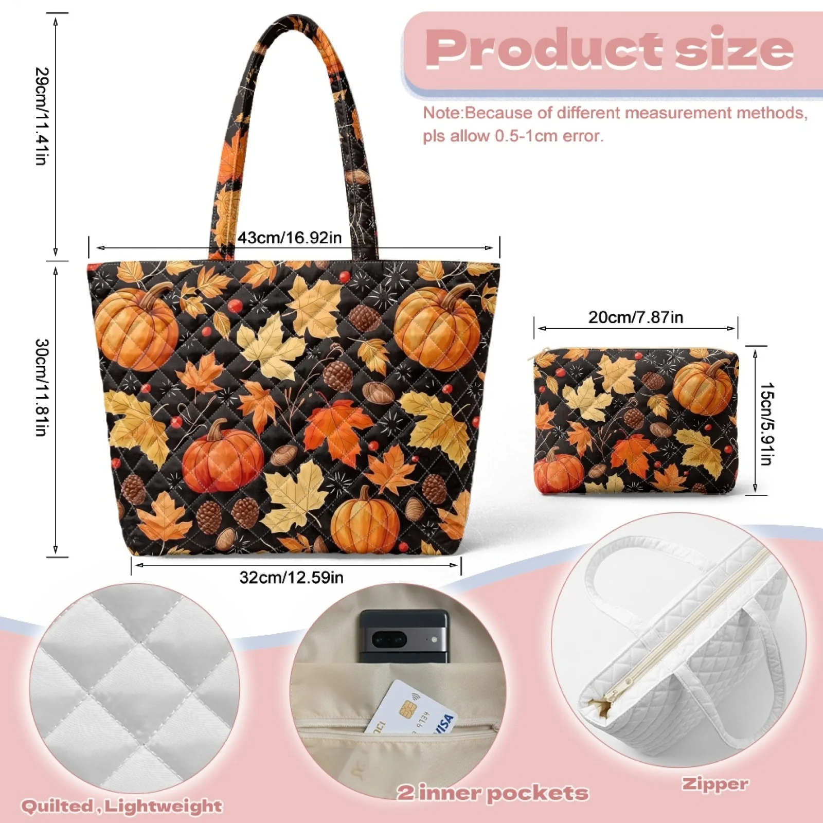 Coloranimal Fall Thanksgiving 2 Pcs Quilted Shoulder Tote Handbag with Matching Wallet, Sturdy Bag for Dating Daily Excursions