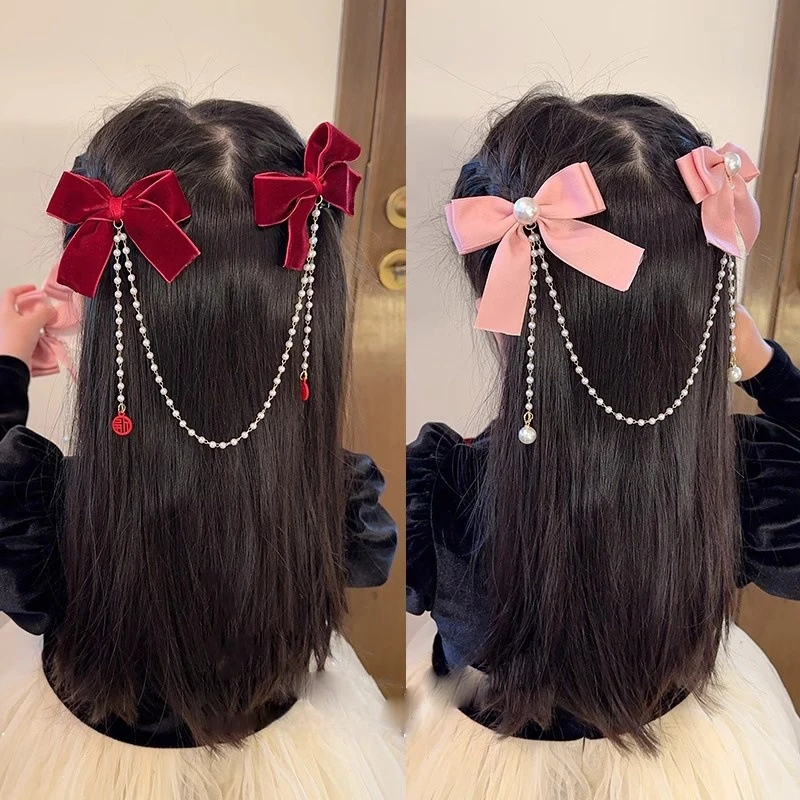 New Pearl Bow Tassel Hair Clip Elegant Solid Velvet Hair Claw Children Princess Best Hairpins Fashion Beauty Hair Accessories