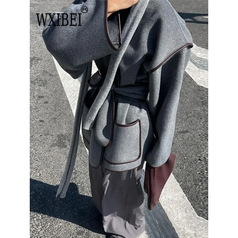 Elegant Lace Up Coats Women Patchwork V-neck Loose Long Sleeve Pocket Loose Jacket 2024 Autumn Winter New Office Lady Outwears