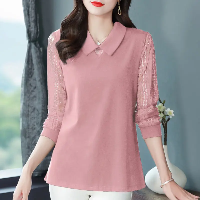 Spring and Autumn Women\'s Solid Color Doll Neck Pullover with Lace Loose Fit Long Sleeve T-shirt Fashion Elegant Commuter Tops