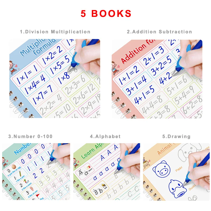 5pcs/Set Magic Groove Practice Copybook Pen Preschools Kids Calligraphy Notebook Children Early Education Reusable Writing Book