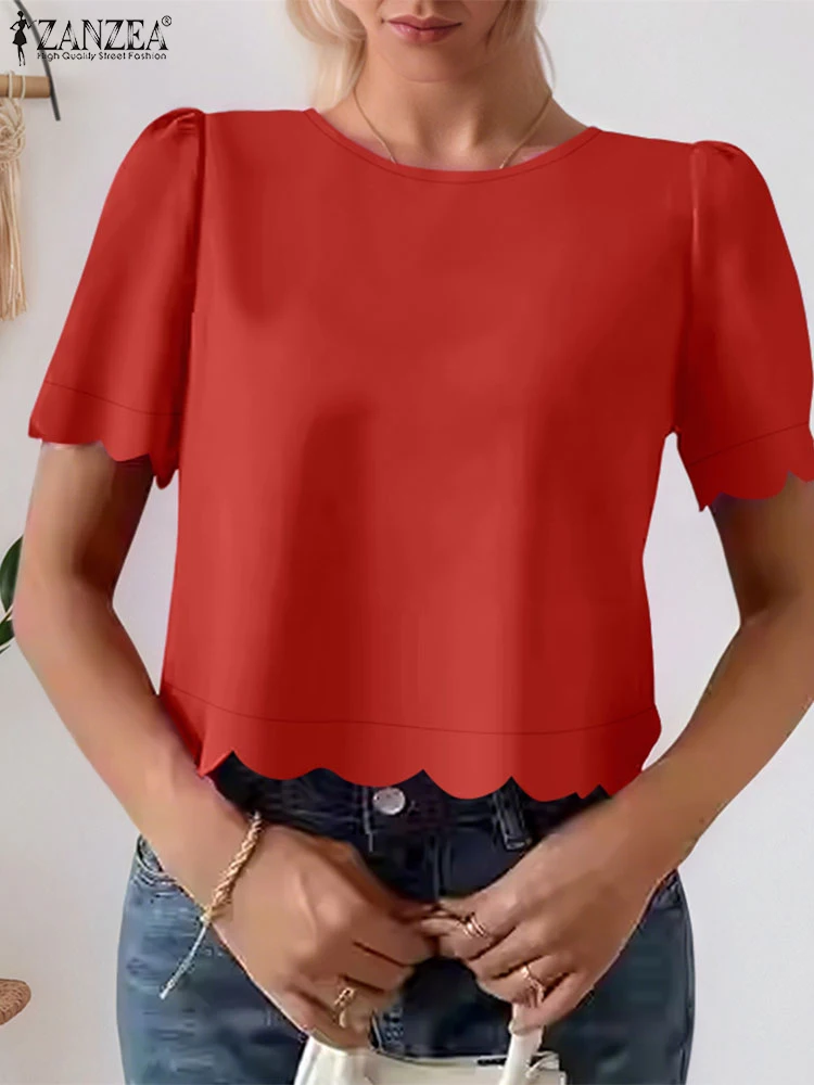 ZANZEA 여성용 여름 셔츠, 스타일리시한 탑 튜닉, 우아한 웨이브 밑단 오피스룩 블라우스 2025, 짧은 퍼프 소매, 솔리드 패션 블루사