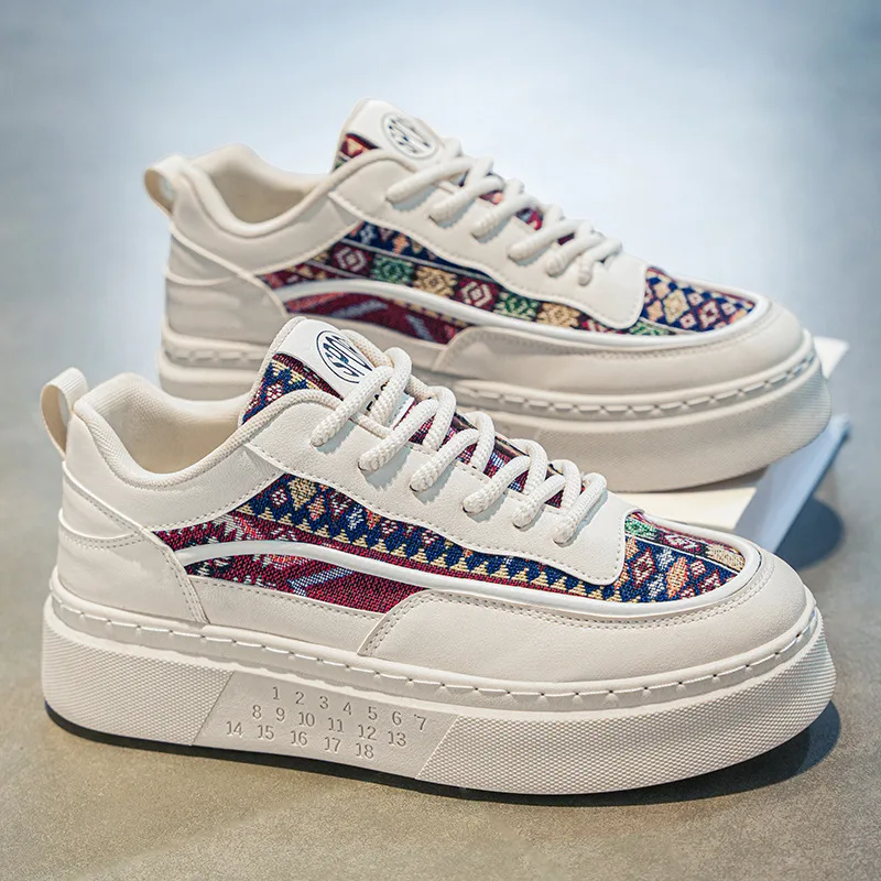 Men's Breathable Canvas Platform Sneakers White Minimalist Style Casual Flat Shoes for Autumn Daily Comfort Tênis Masculino
