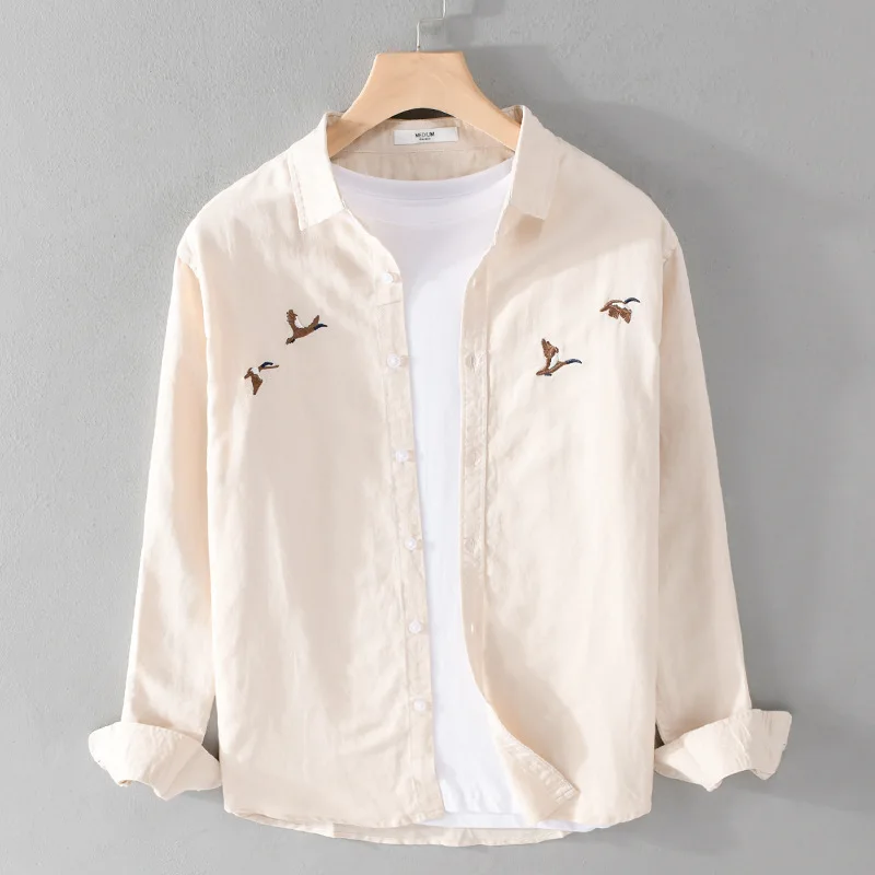 New Long Sleeve White Shirts Men Spring Summer Daily Casual Cotton Linen Shirt Breathable Tops Chinese Embroidery Shirt Youth