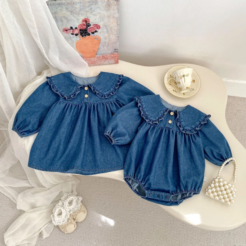 Spring 26 New Girls' Baby Dress Fashionable Collar Long Sleeve Solid Denim Fart Wrap Dress Sisters Dress