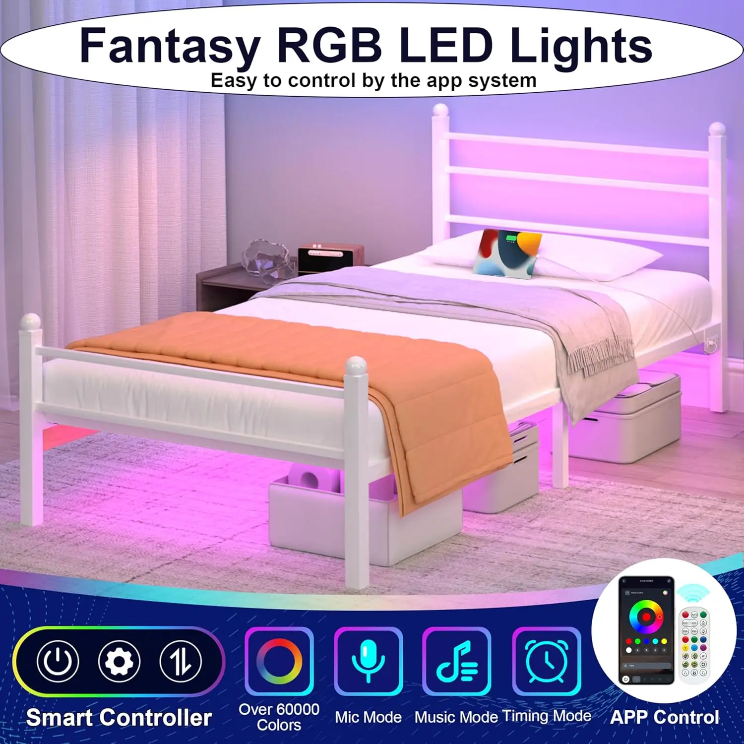 

Twin Bed Frame With Led Lights & Charging Station, Metal Platform Bed With Headboard, Heavy Duty Metal Slats, No Box Spring