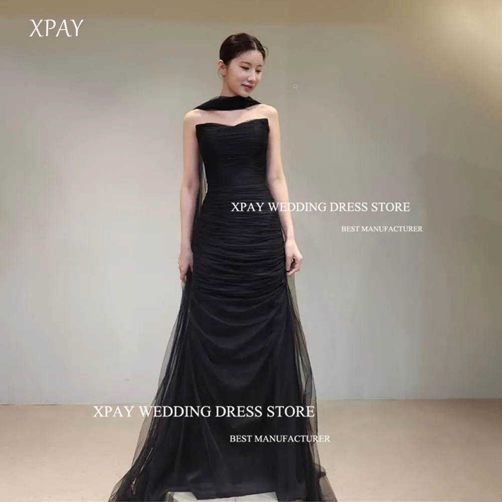 XPAY Black Mermaid Strapless Korea Wedding Dresses Customised Photoshoot Soft Pleat Tulle Scarf Floor Length Elegant Bridal Gown