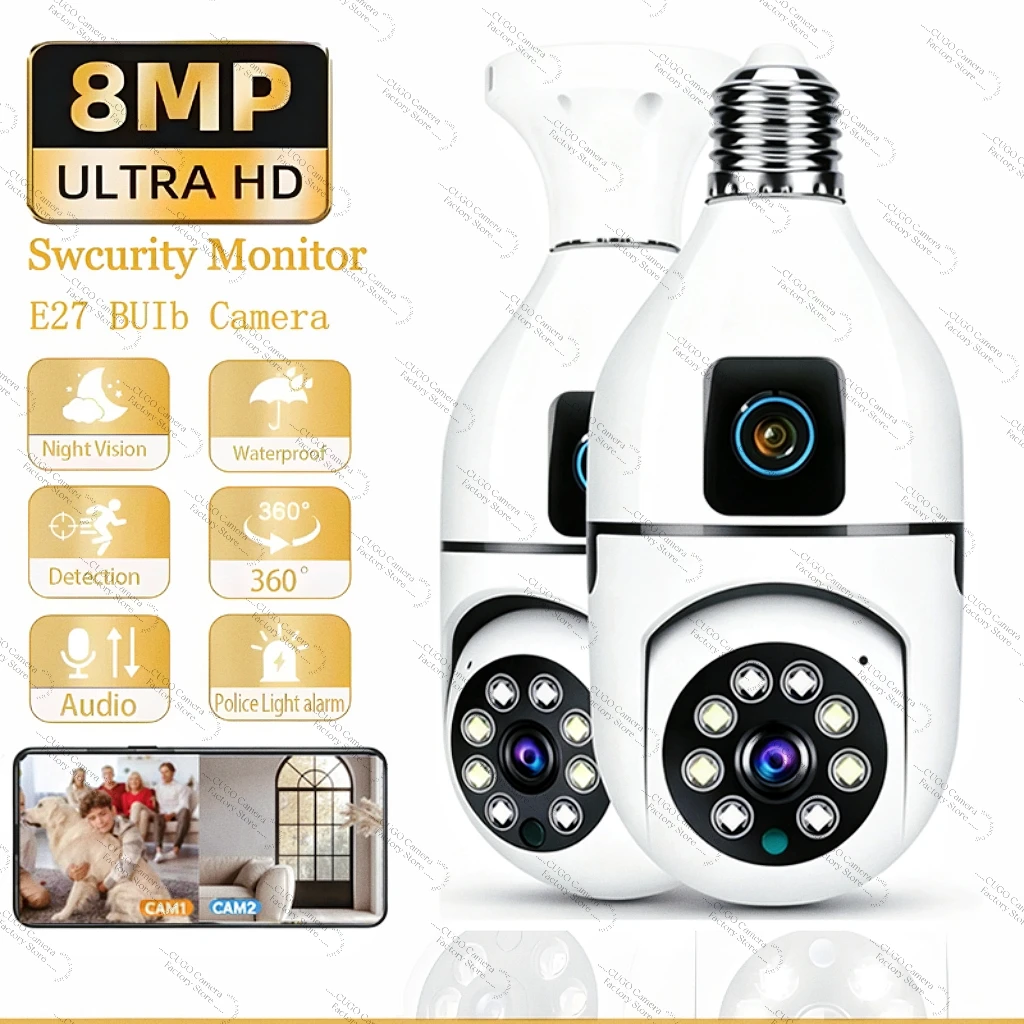 E27 Bulb Surveillance 8MP Wifi Surveillance Camera 5MP IP Cameras Two-Way Audio AI Human Tracking  Security Monitor CCTV