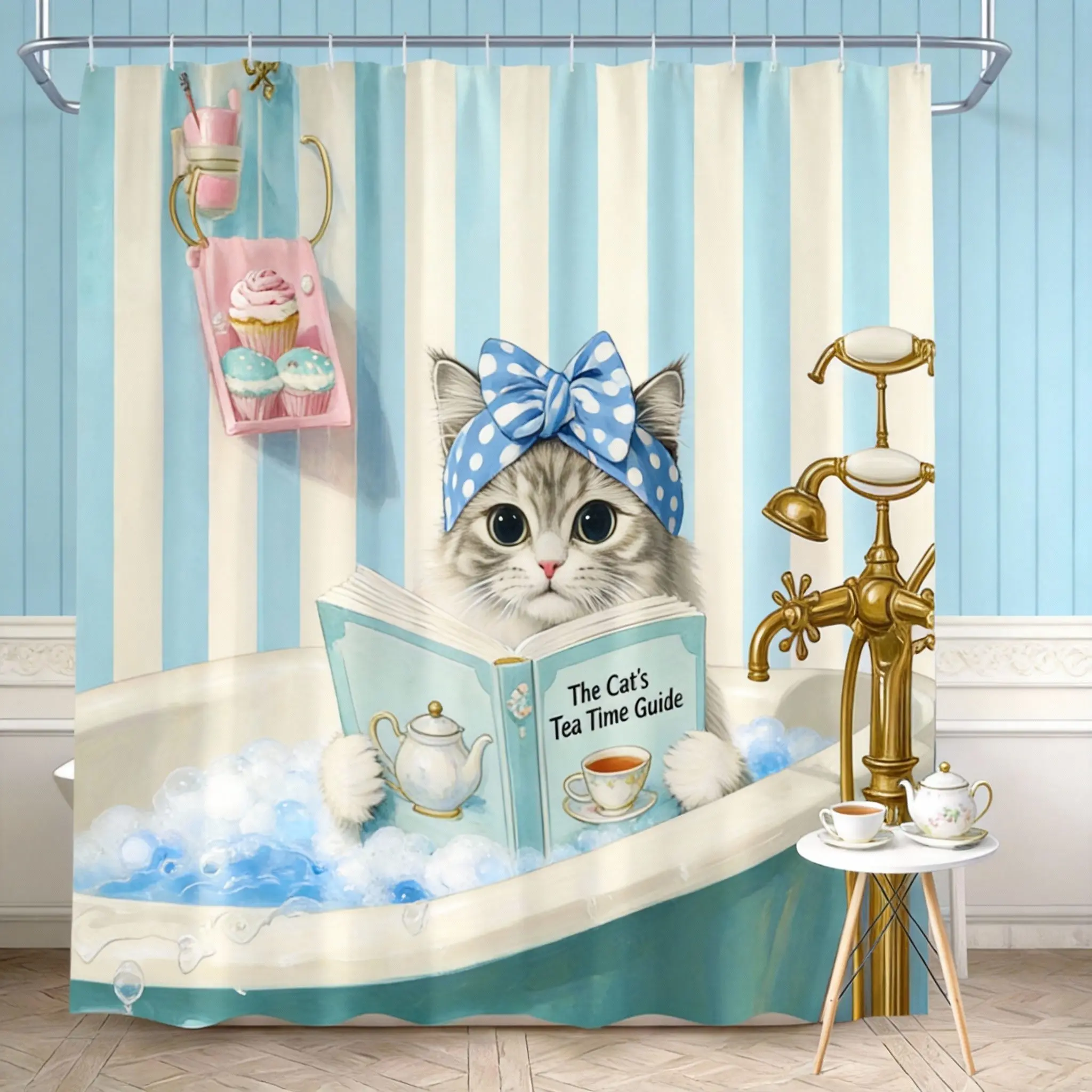 

Cat Shower Curtain – Grey Tabby Kitten in Turquoise Bathtub with Pink Bow, Whimsical Bathroom Decor, Multiple sizes
