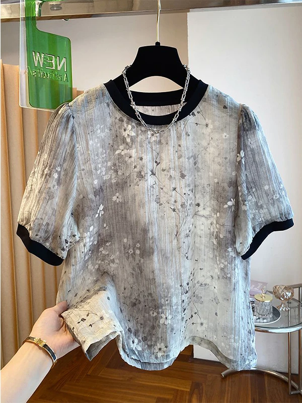 

Женская футболка больших размеров (до 300 фунтов) с цветочной вышивкой, шифоновая, с короткими рукавами-фонариками, тонкая, свободного кроя