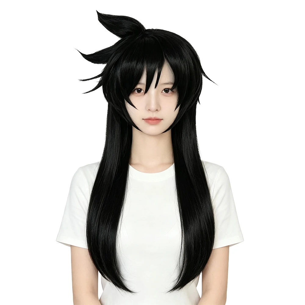 

80cm Black Long Straight Anime Cosplay Wig Ran Mouri with Signature Horns Heat Resistant Synthetic Wig For Women Party Daily Use