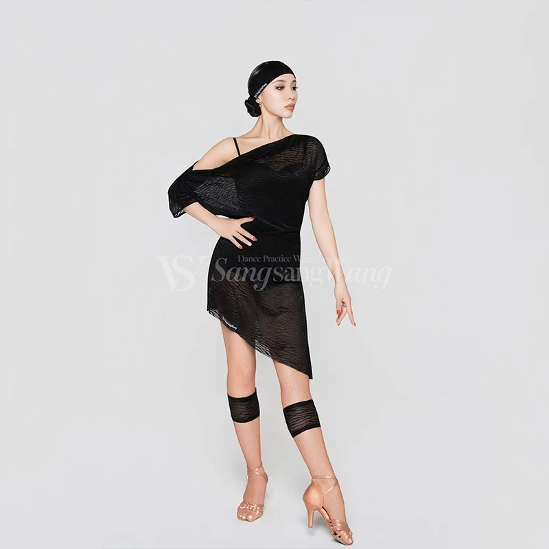 Volwassen Latin Dans Kleding Vrouwen Losse Paars Zwarte Jurk Rumba Cha Cha Dans Praktijk Kleding Samba Prestaties Jurk DNV25095