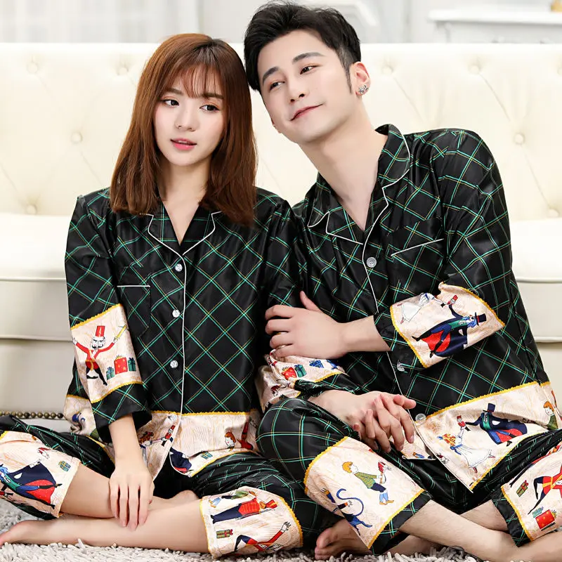 Couple Pajamas, Spring and Autumn Silk, Cute Long-sleeved Summer Ice Silk, Men's Home Wear, Two-piece Set for Students Comfort