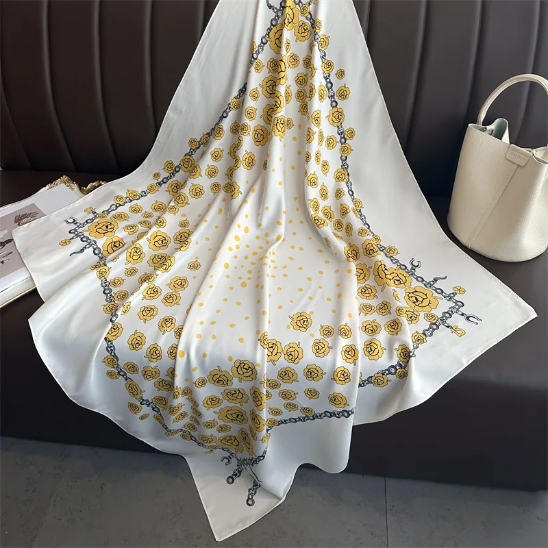 Polka Dot Camellia Silk Scarf 90CM Twill Scarf New Chain Large Square Scarf Sunshade Shawl Head Scarf 90*90CM Scarfs bandana