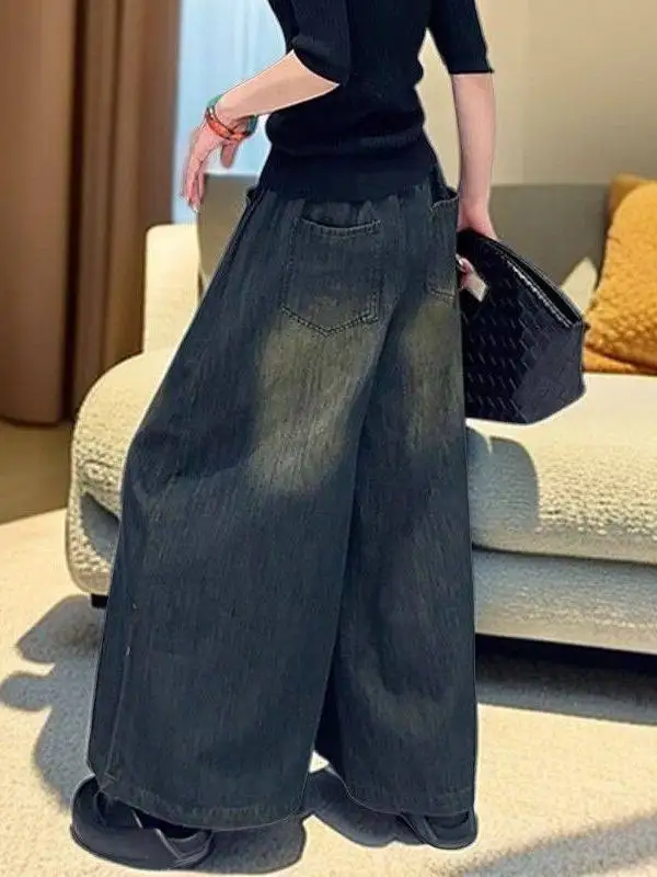 레트로 자수 허리끈 9부 청바지 여성 캐주얼 다용도 디자인 와이드 레그 팬츠 하이웨이스트 데님 원단...