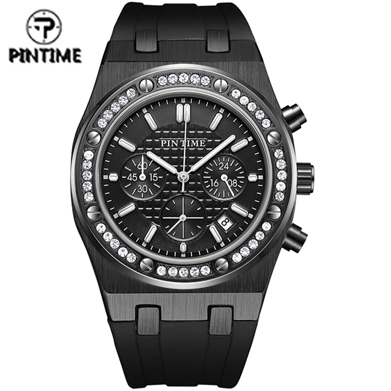 PINTIME Black Men Watch Chronograph Silicone Rubber Strap Diamond Stone Iced Bezel Male Quartz Wristwatch Casual Relogios Gifts