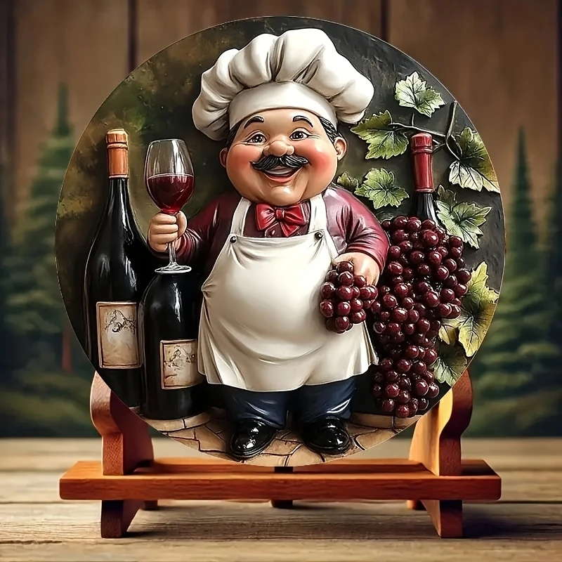 2D 8in Planar Fantasy Chef Wooden Round Plate Color-Printed Cartoon Chef Wine Design Kitchen Restaurant Chef Award Pendant Gifts