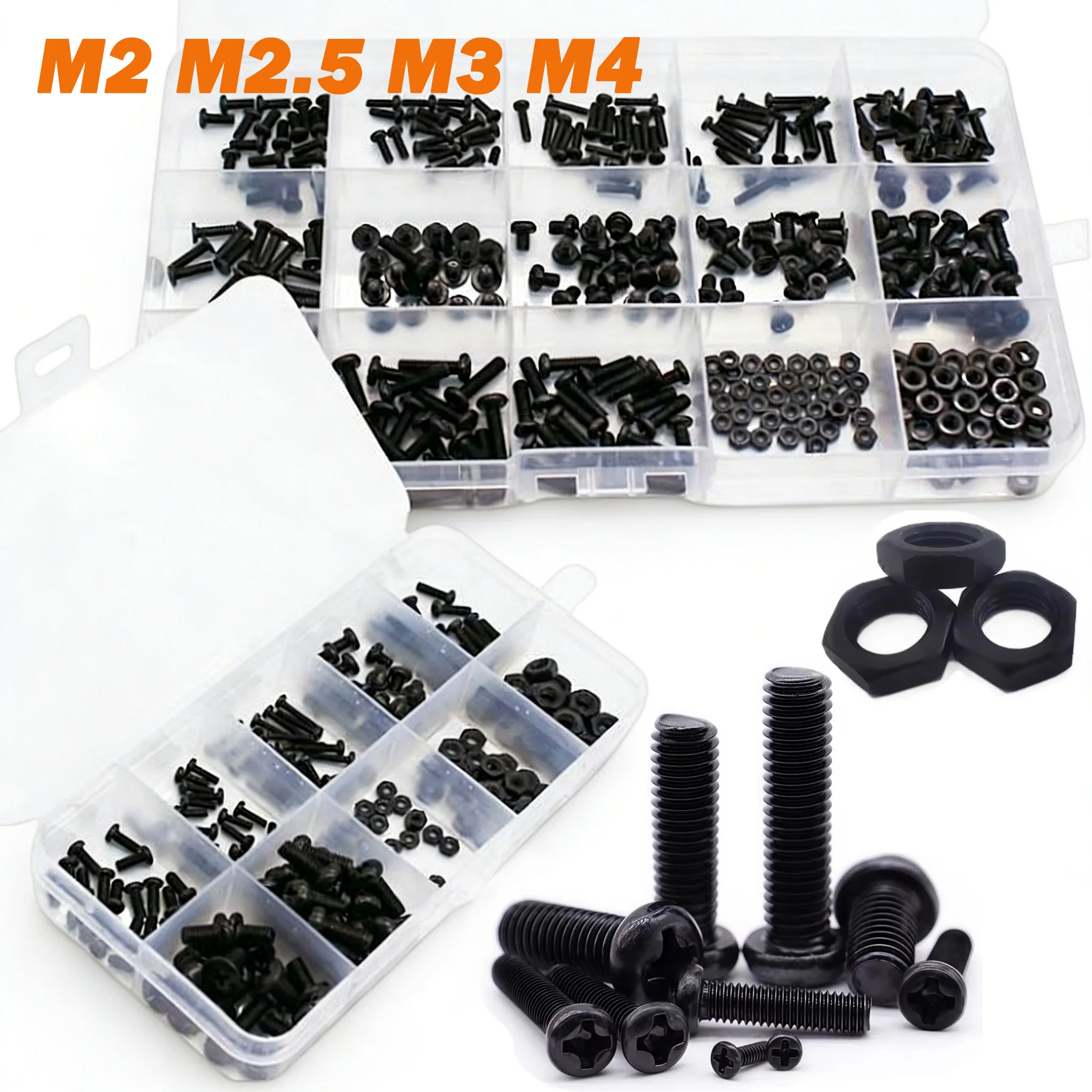 PM Black Mechanical Screw Assortment Kit M2 M2.5 M3 M4 M5 Phillips Round Head Screw Bolt Nut Set Box for Computer
