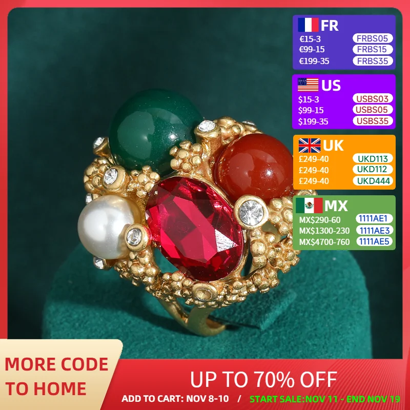

Luxury Vintage Oval Crystal Green Natural Stone Pearl Rings Copper Material French Retro Multi Antique Jewelry Wedding for Women