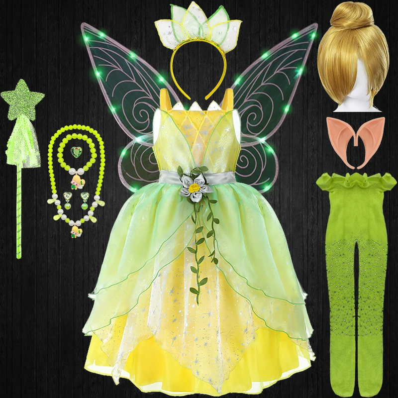 

Hot Sall The Frog Tiana Dress for Girls Carnival Kids Tiered Flower Fairy Elf Princess Party Halloween Children Cosplay Costumes