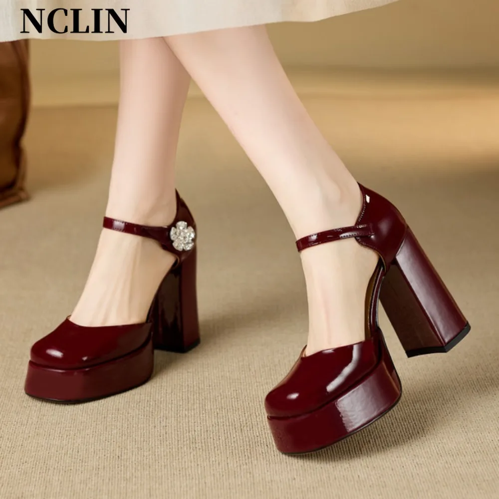 

2025 Red Shoes Woman Pumps Patent Leather High Heels Women Basic Pump Wedding Shoes Female Thick Heels Mary Jane Shoes Size 39