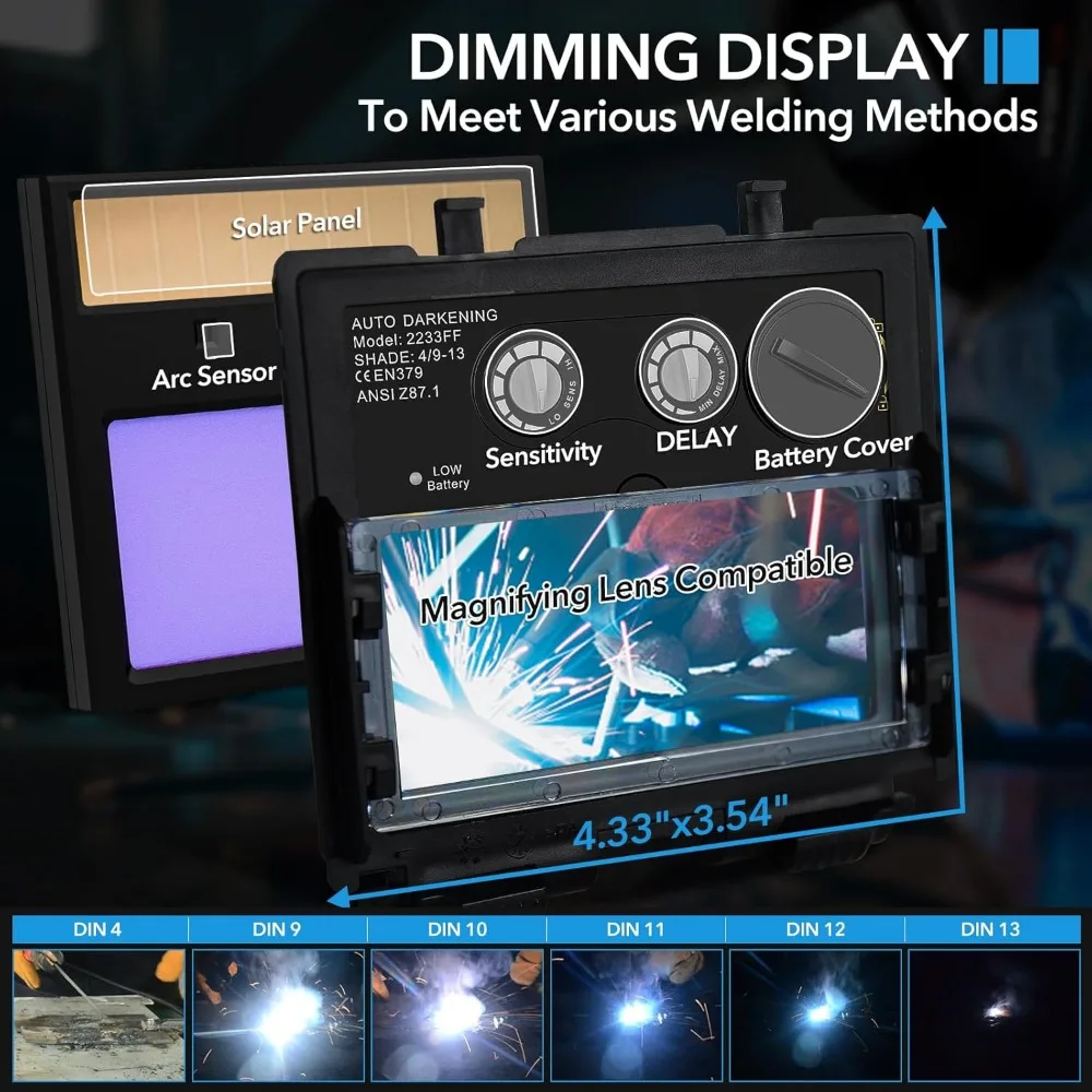 خوذة لحام ذات سواد تلقائي مع ضوء، لون حقيقي 1/1/1/2 وضوح، ظل 9-13، تتضمن قفازات #6