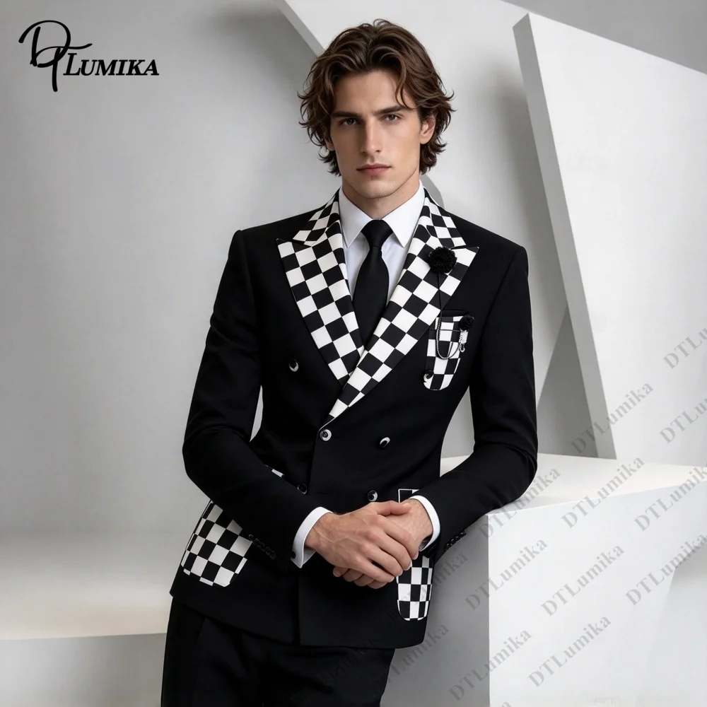 Men Contrast Check Lapel Double Breasted Suit 2Pcs Jacket Pants For Prom Photoshoot Birthday Stage Show Custom Size XXS-7XL