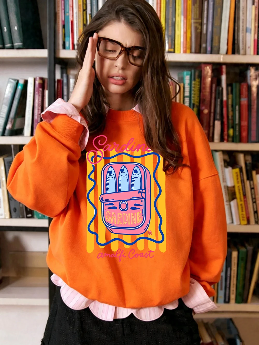 Sardines Amalfi Coast Prints Sweatshirts für Damen, Fleece, warm, bequem, Kapuzenpullover, Rundhalsausschnitt, lockere Oberteile, Winter, lässige Damenkleidung – Detail 15