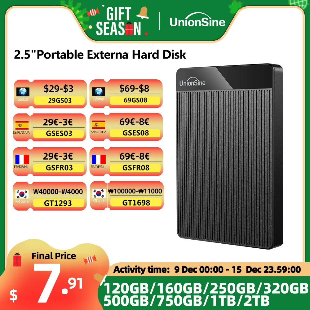 UnionSine HDD 2.5'' Portable External Hard Drive 2tb/1tb/500gb/750gb USB3.0 Storage Compatible for PC,Mac,Desktop,MacBook,Xbox