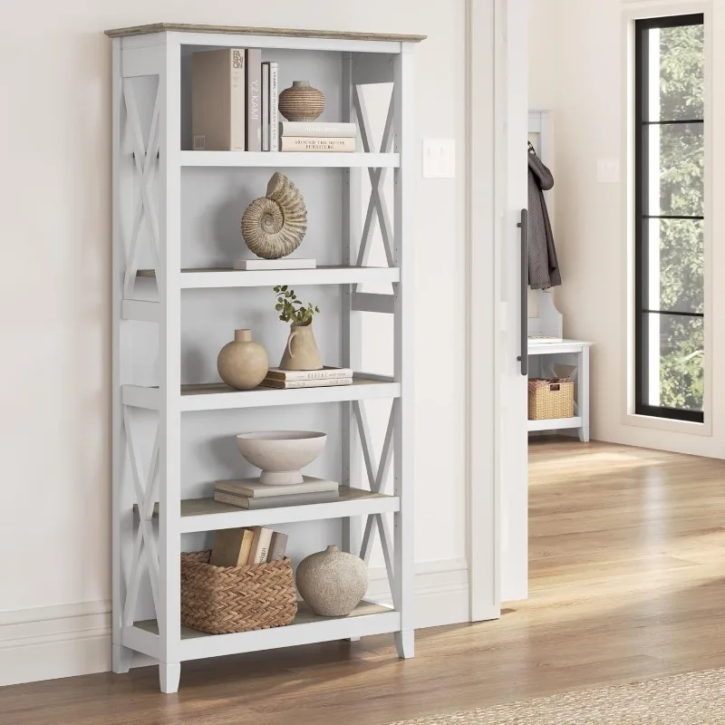 BSH24470221 Key West 5-Shelf 66-Inch H Bookcase, Shiplap Gray/Pure White