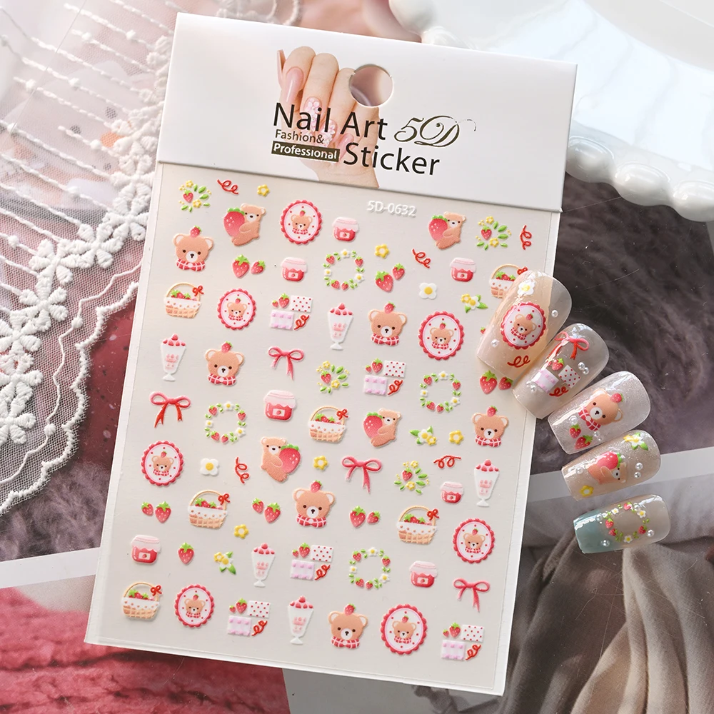 1sheet Cartoon Bear Cute Nail Stickers Strawberry Bow Wreath Lace Self-Adhesive Nail Decals Sliders Kawaii Bear Relief Manicure